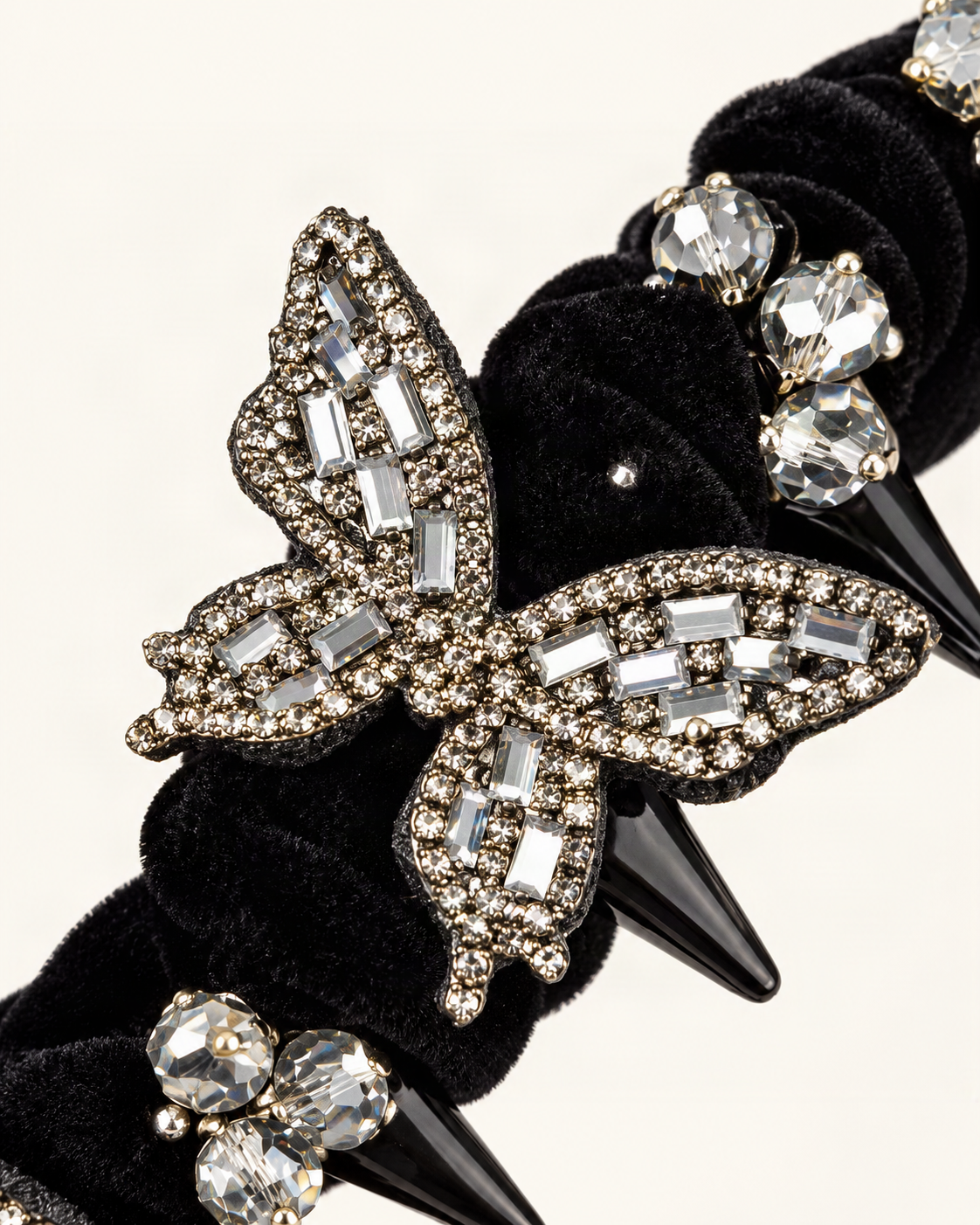 Velvet Headband with Rhinestone Butterfly — close-up of material and decoration [FITINY Hair]