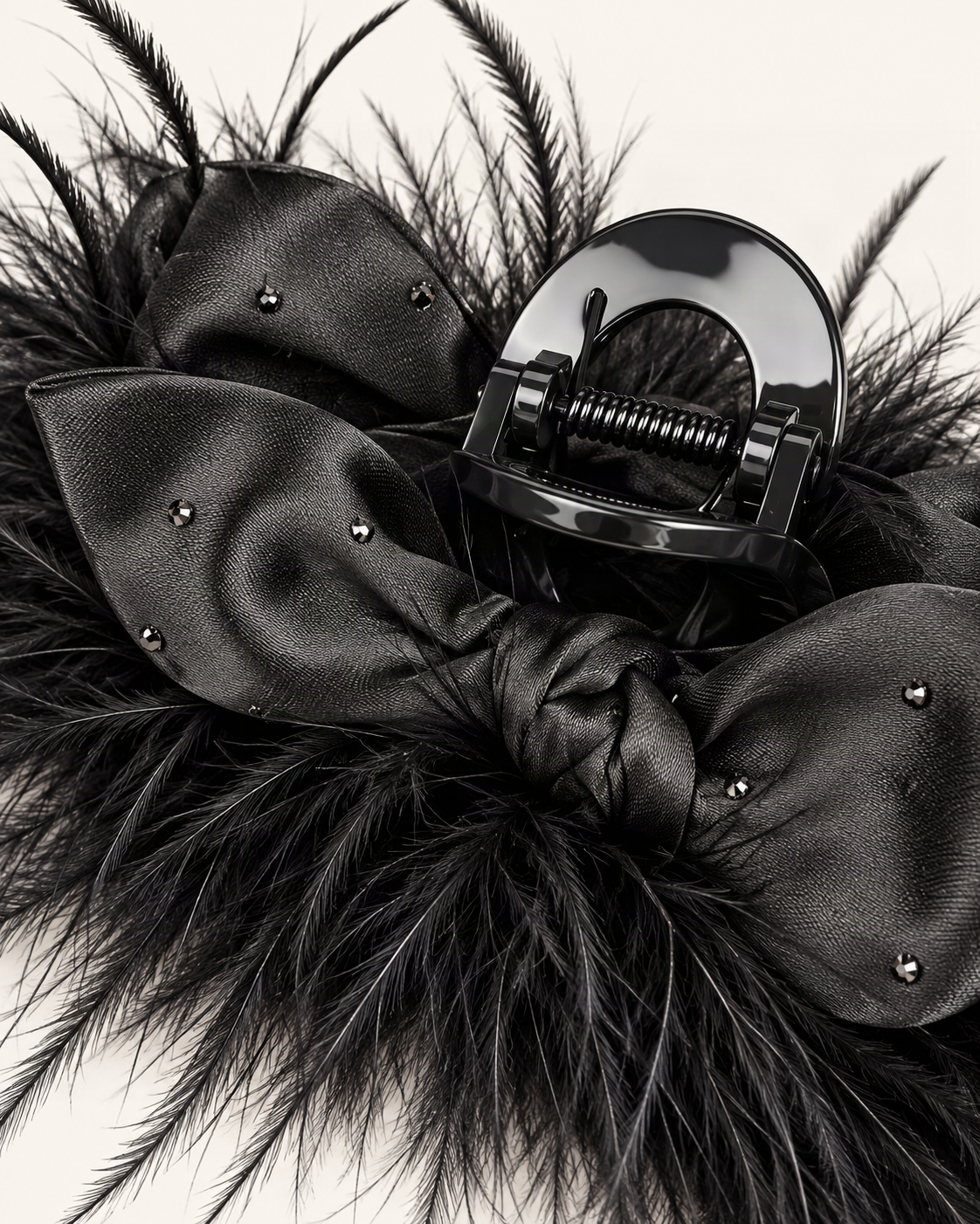 Ostrich Feather Rhinestone Satin Bow Hair Claw Clip — close-up of material and decoration [FITINY Hair detail]