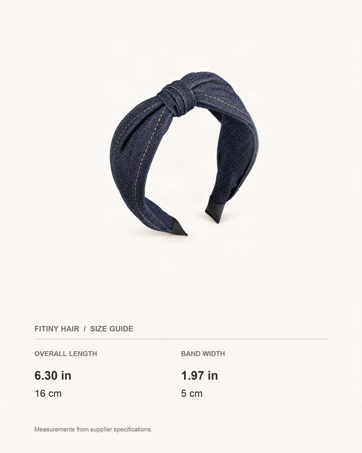 Denim Knot Bow Headband — supplier-based dimensions with inches above centimeters [FITINY Hair]