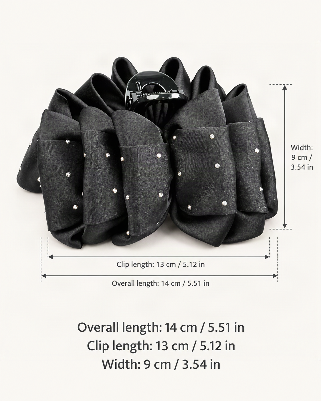 Satin Large Claw Clip with Rhinestone Starry Speckles — dimensions diagram [FITINY Hair dimensions]