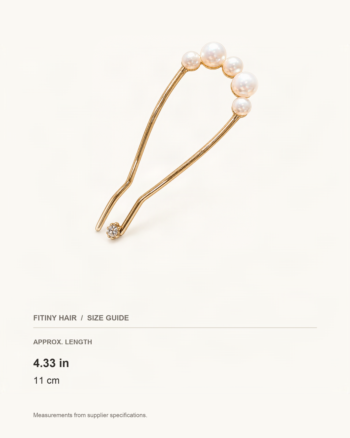 Five-Pearl Metal U-Pin Hair Stick — supplier-based dimensions with inches above centimeters [FITINY Hair]