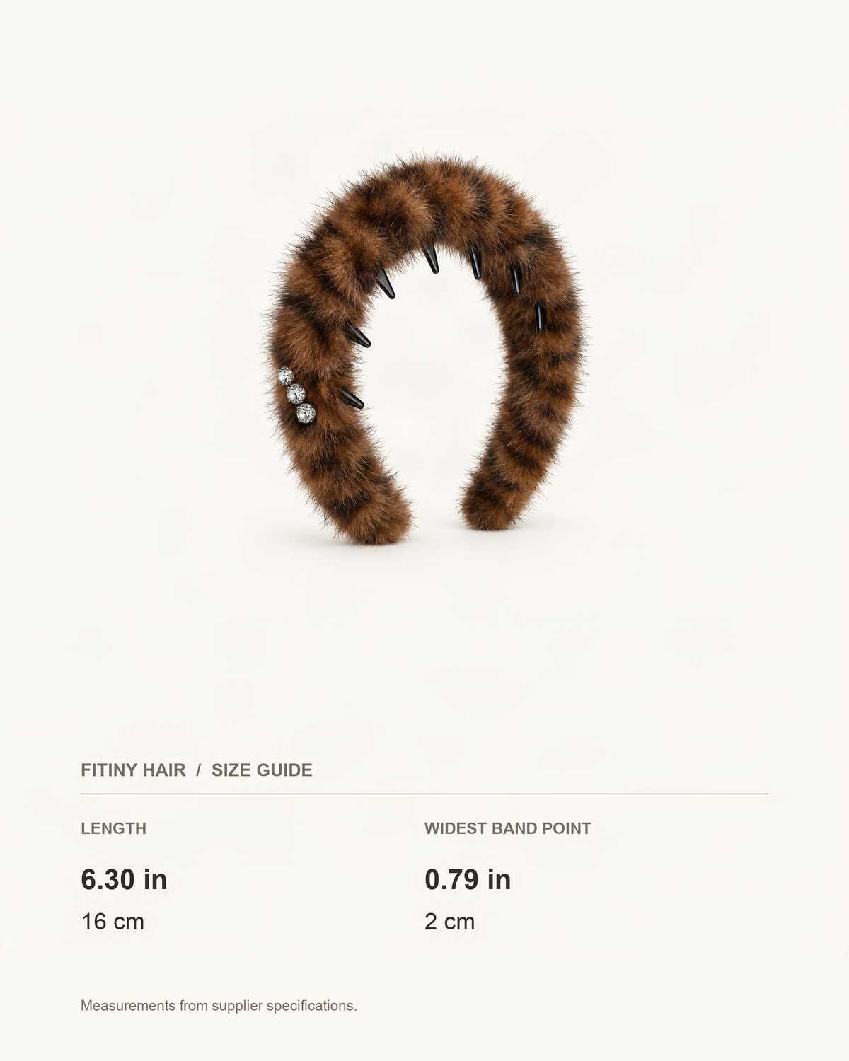 Faux Fur Headband with Toothed Lining — supplier-based dimensions with inches above centimeters [FITINY Hair]
