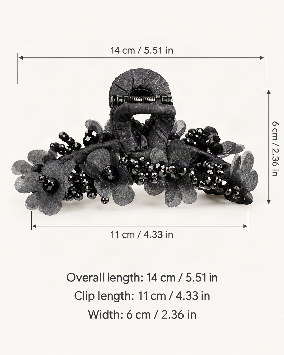 Large Crystal Flower Claw Clip — dimensions diagram [FITINY Hair dimensions]