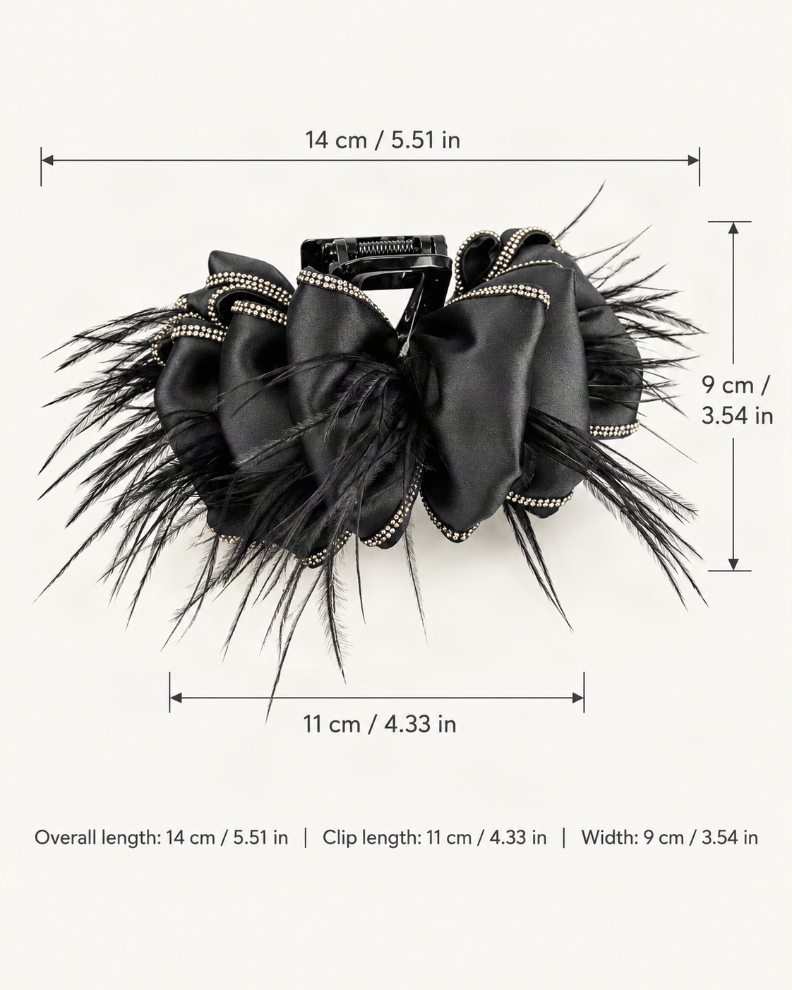 Satin Bow Feather Claw Clip with Rhinestone Trim — dimensions diagram [FITINY Hair dimensions]
