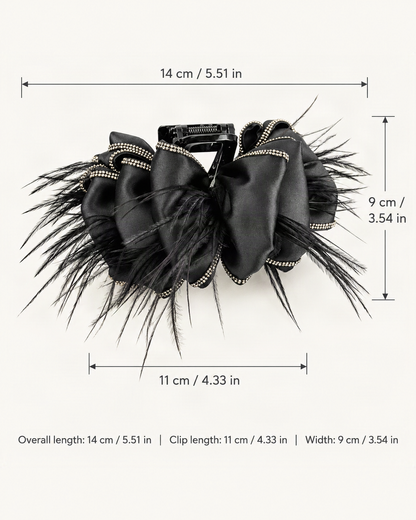 Satin Bow Feather Claw Clip with Rhinestone Trim — dimensions diagram [FITINY Hair dimensions]