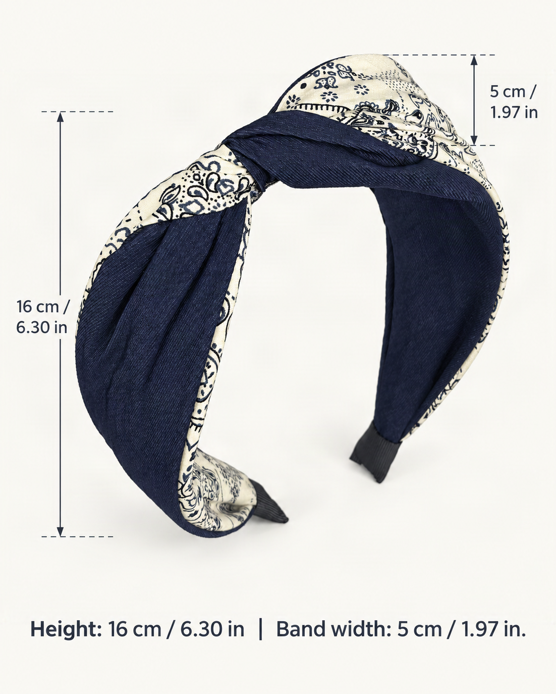 Fabric Knotted Floral Print Headband with Contrast Bow — dimensions diagram [FITINY Hair dimensions]