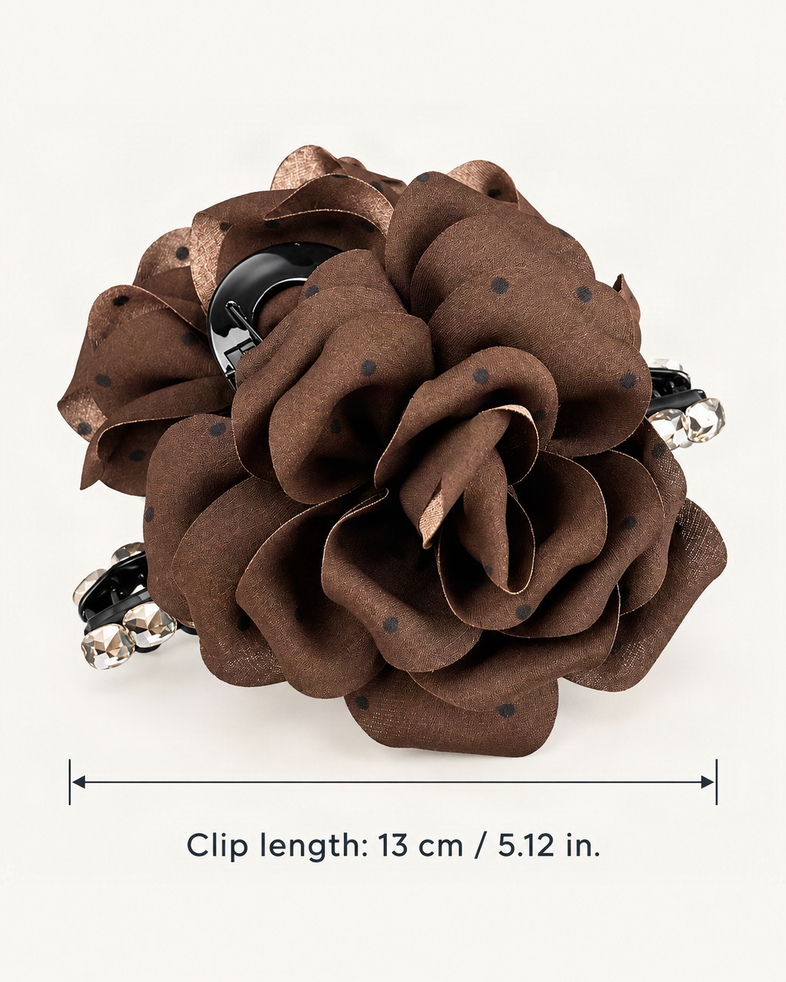 3D Rose and Camellia Polka Dot Fabric Claw Clip — dimensions diagram [FITINY Hair dimensions]