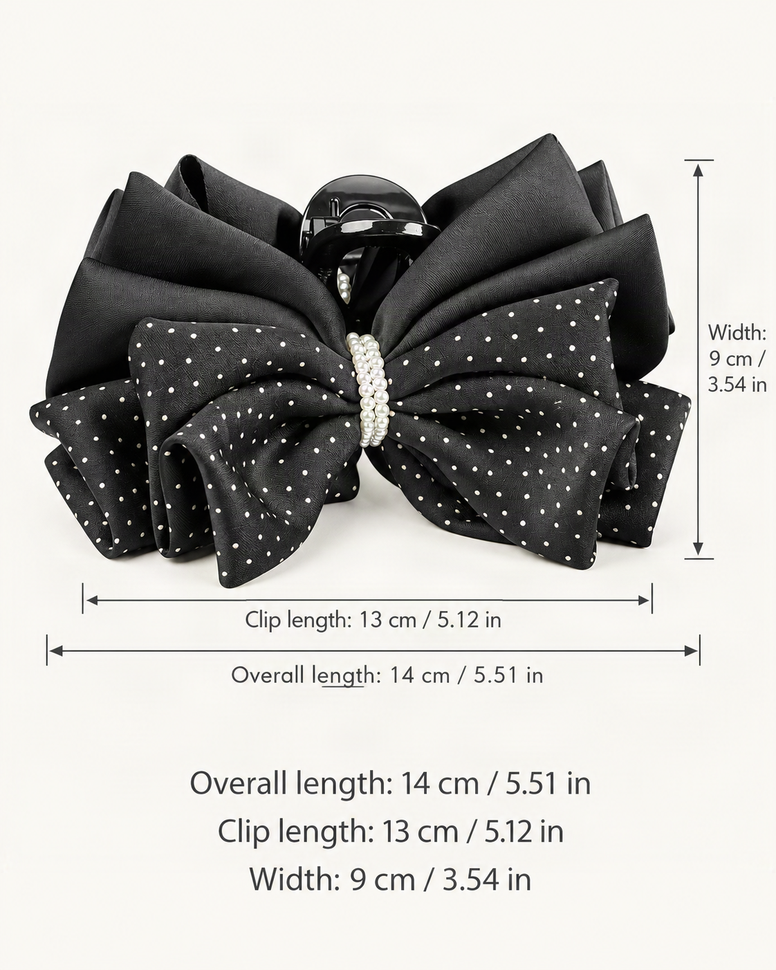 Polka Dot Bow Hair Claw Clip with Pearl Accent — dimensions diagram [FITINY Hair dimensions]