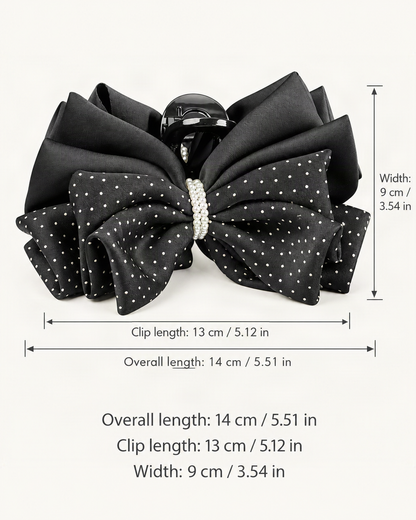 Polka Dot Bow Hair Claw Clip with Pearl Accent — dimensions diagram [FITINY Hair dimensions]