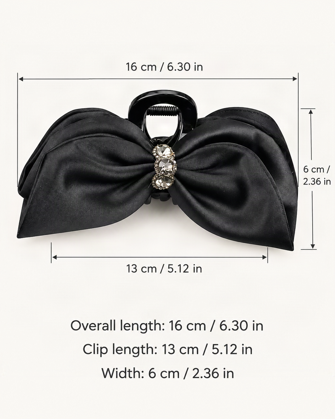Large Satin Bow Claw Clip with Rhinestone Center — dimensions diagram [FITINY Hair dimensions]