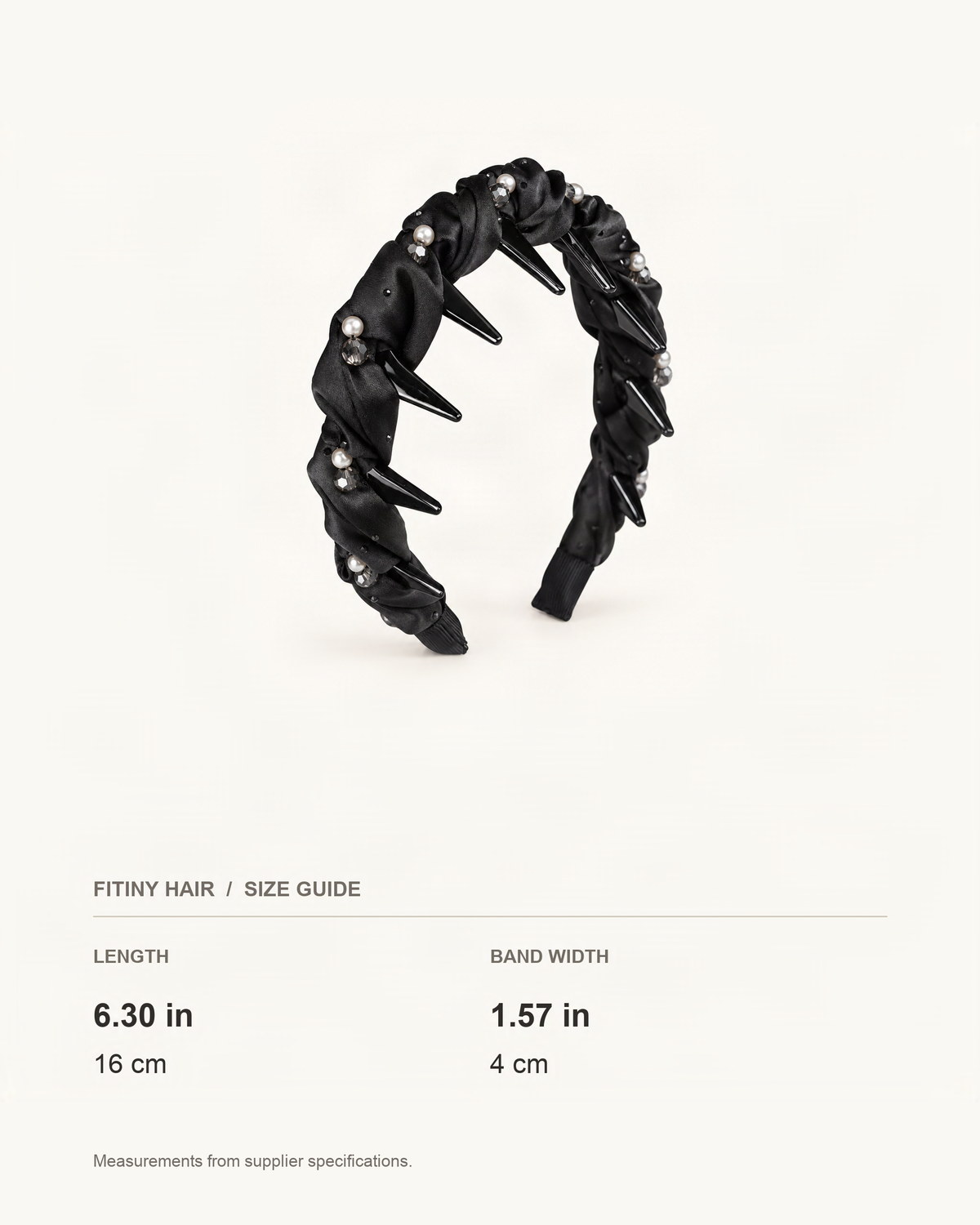Satin Twist Headband with Pearl Rhinestone Accents — supplier-based dimensions with inches above centimeters [FITINY Hair]