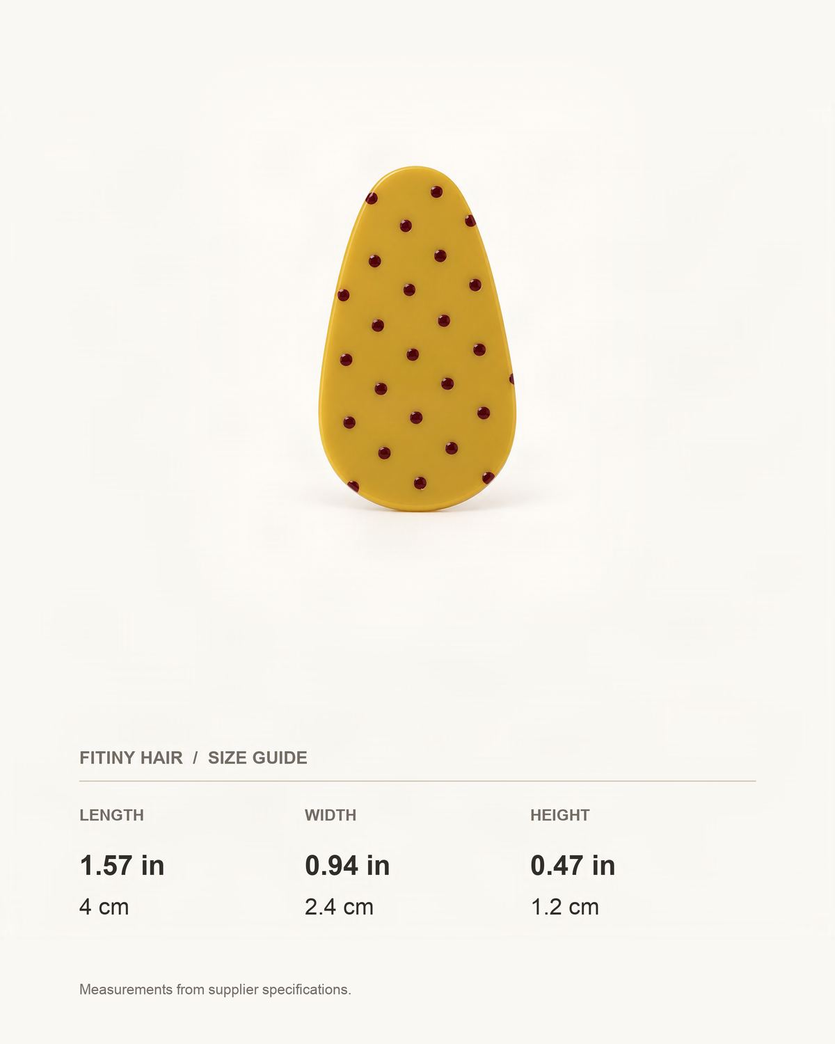 Cellulose Acetate Teardrop Barrette — supplier-based dimensions with inches above centimeters [FITINY Hair]