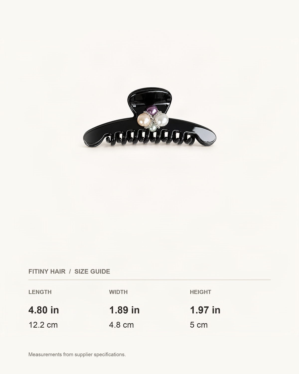 Cellulose Acetate Claw Clip with Faux Pearl Butterfly — supplier-based dimensions with inches above centimeters [FITINY Hair]