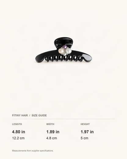 Cellulose Acetate Claw Clip with Faux Pearl Butterfly — supplier-based dimensions with inches above centimeters [FITINY Hair]