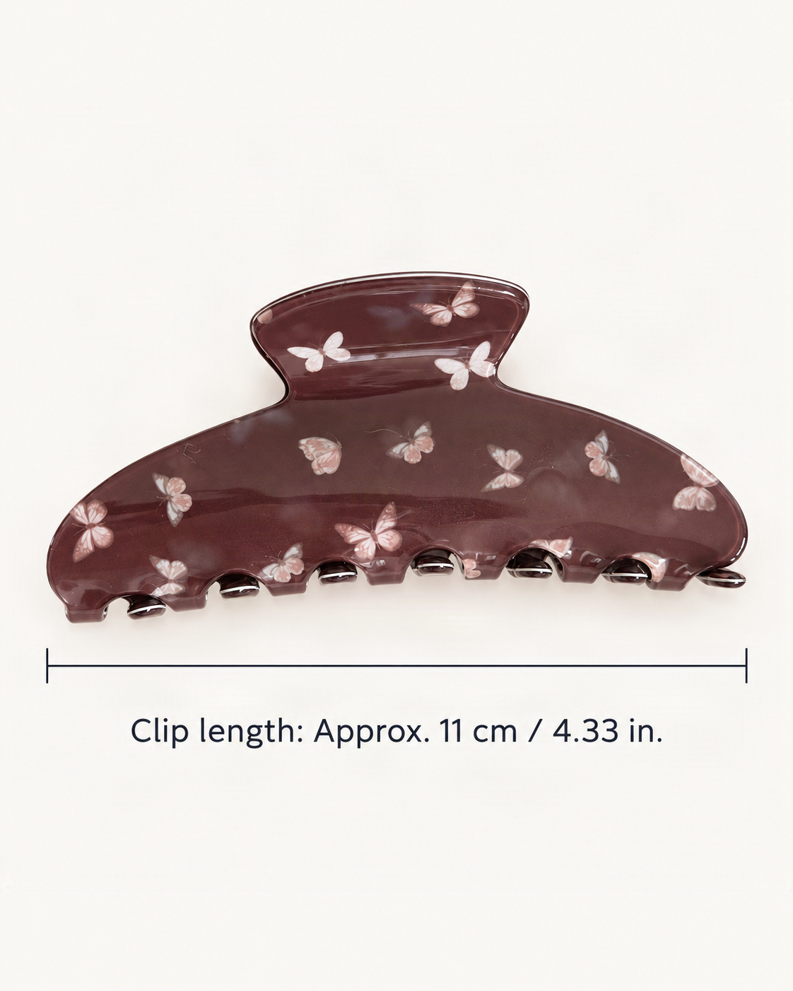 Butterfly Print Acrylic Claw Clip Set of 4 — Long Arc Claw Clip dimensions diagram [FITINY Hair]
