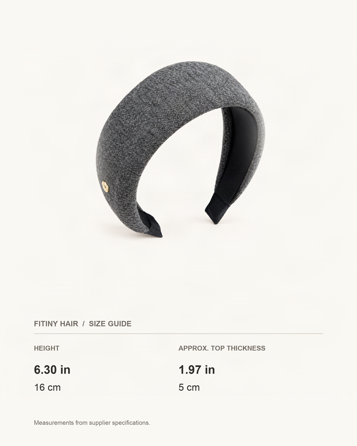 Wool-Blend Wide Padded Headband — supplier-based dimensions with inches above centimeters [FITINY Hair]