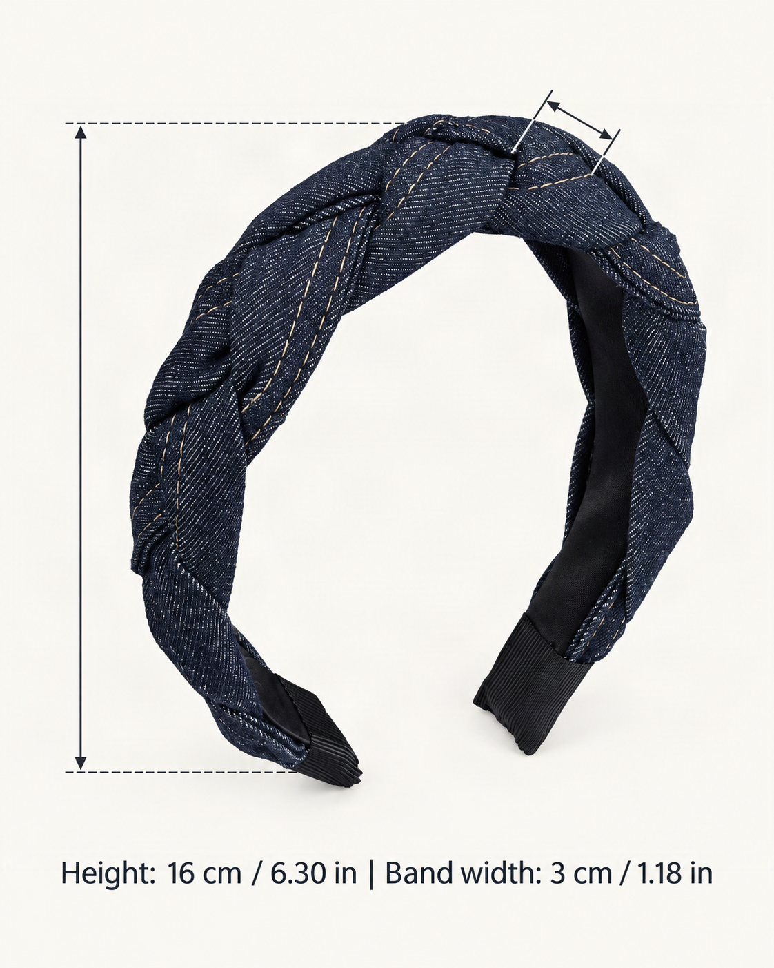 Braided Denim Headband – Twisted Knot Style — dimensions diagram [FITINY Hair dimensions]