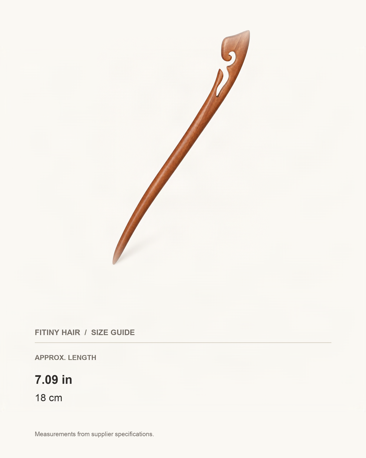Carved Wood Hair Stick with Crescent Moon Design — supplier-based dimensions with inches above centimeters [FITINY Hair]