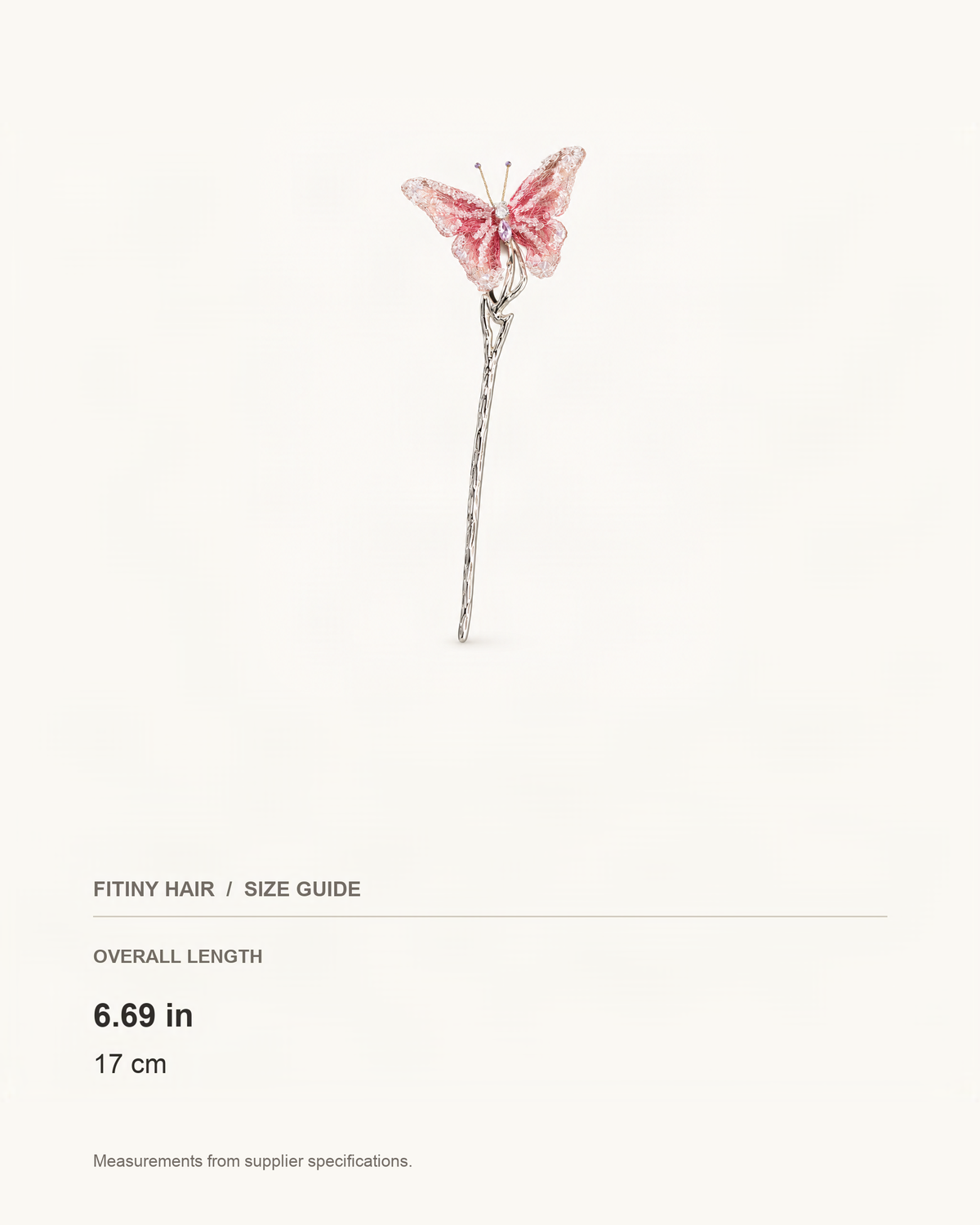 Embroidered Butterfly Metal Hair Stick — supplier-based dimensions with inches above centimeters [FITINY Hair]