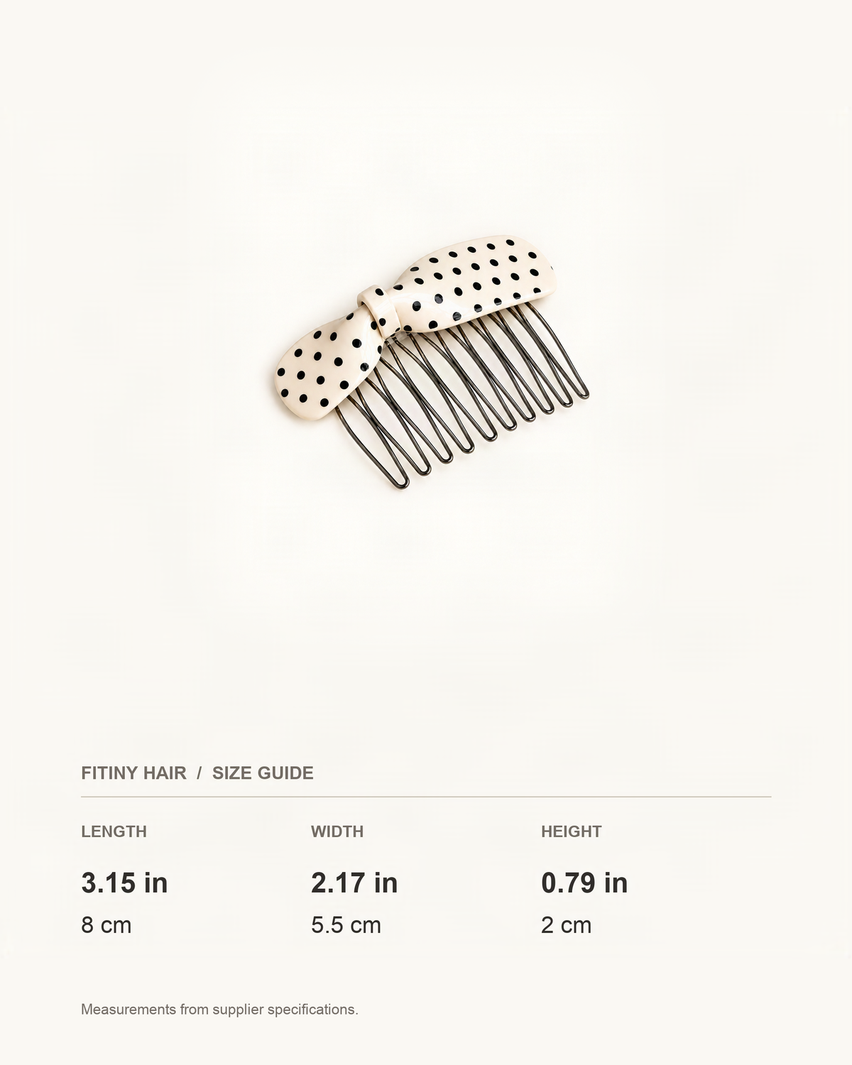 Cellulose Acetate Polka Dot Bow Side Comb — supplier-based dimensions with inches above centimeters [FITINY Hair]