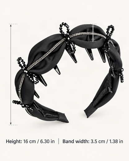 Satin Rhinestone Bow High Crown Toothed Headband — dimensions diagram [FITINY Hair dimensions]
