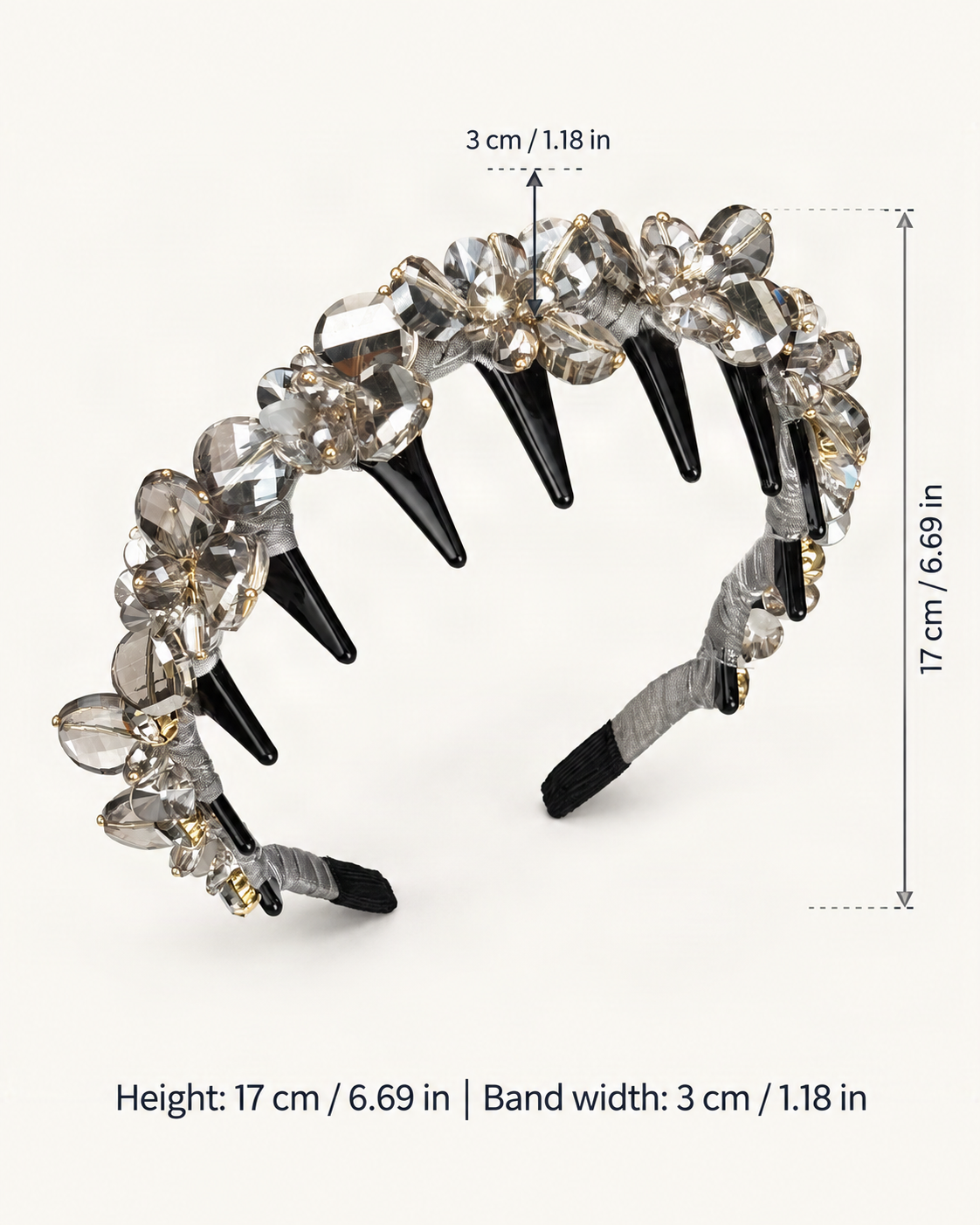 Rhinestone Floral Teeth Headband — dimensions diagram [FITINY Hair dimensions]