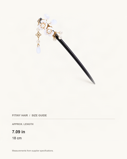Double Blossom Wood Hair Stick with Dangle Chains — supplier-based dimensions with inches above centimeters [FITINY Hair]
