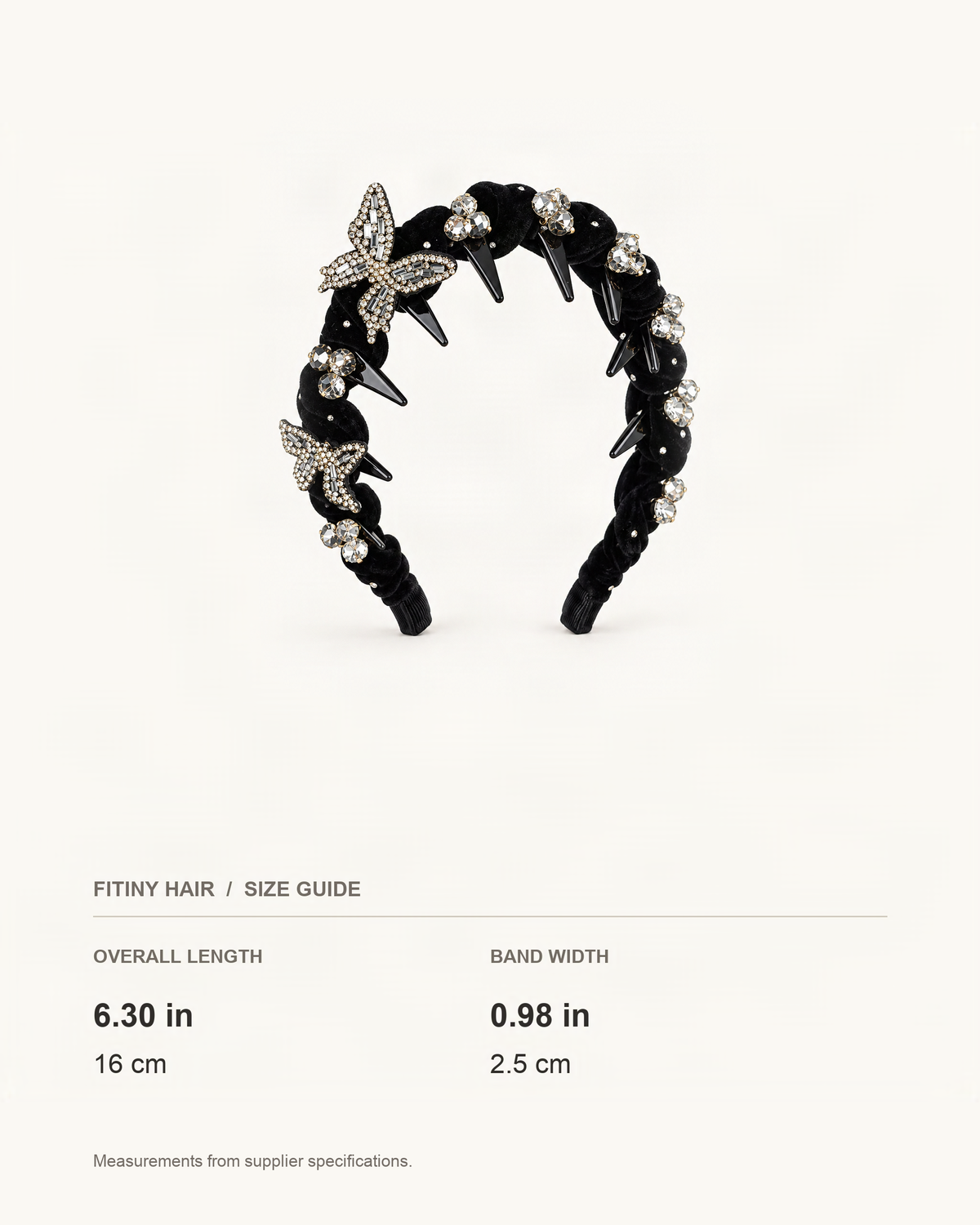Velvet Headband with Rhinestone Butterfly — supplier-based dimensions with inches above centimeters [FITINY Hair]