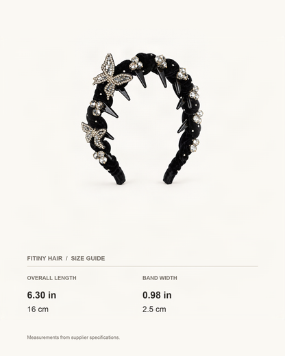 Velvet Headband with Rhinestone Butterfly — supplier-based dimensions with inches above centimeters [FITINY Hair]