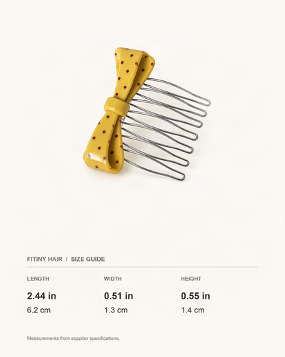 Cellulose Acetate Polka Dot Bow Comb — supplier-based dimensions with inches above centimeters [FITINY Hair]
