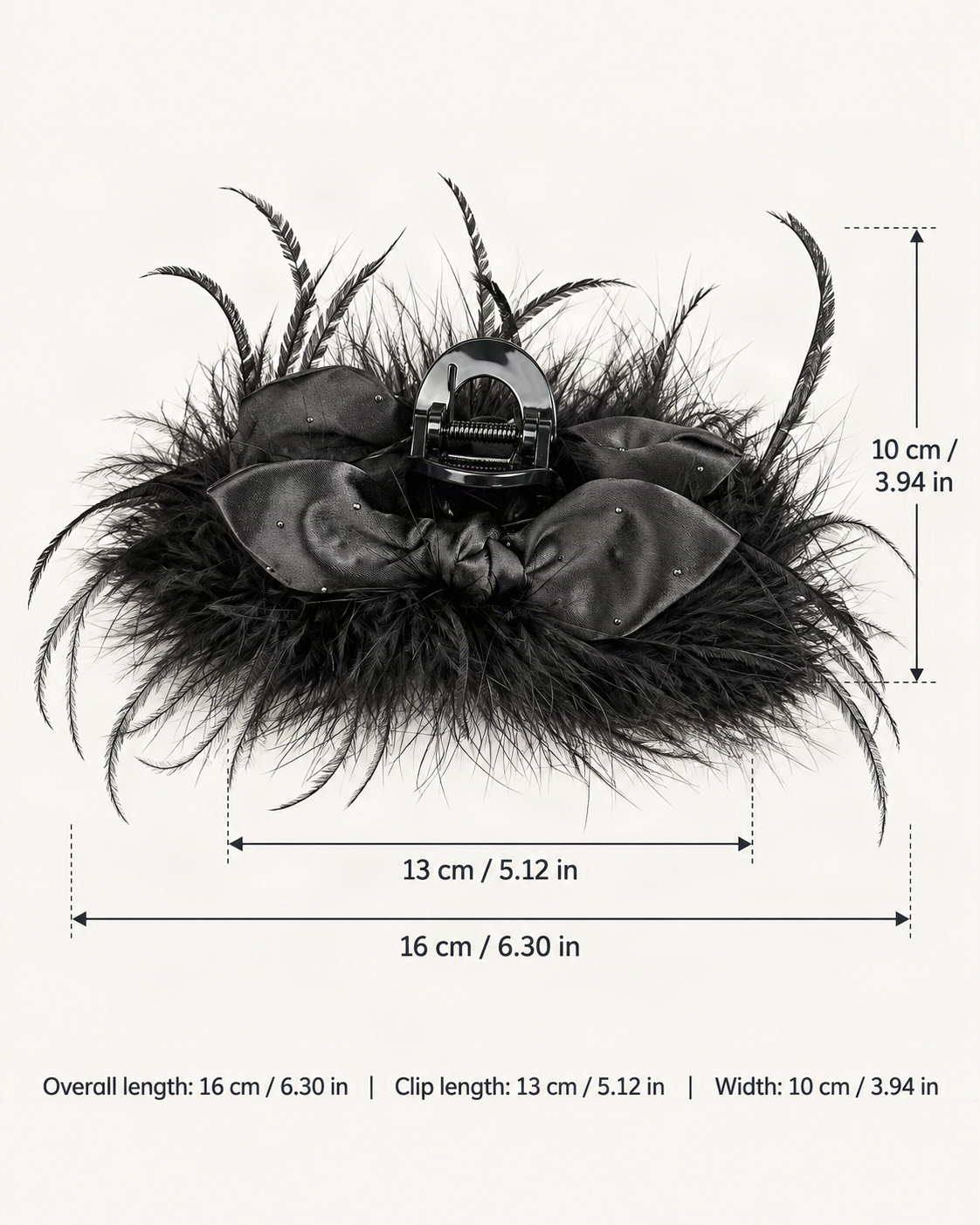 Ostrich Feather Rhinestone Satin Bow Hair Claw Clip — dimensions diagram [FITINY Hair dimensions]