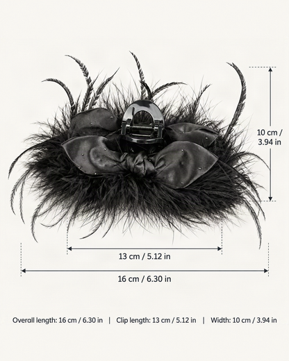 Ostrich Feather Rhinestone Satin Bow Hair Claw Clip — dimensions diagram [FITINY Hair dimensions]
