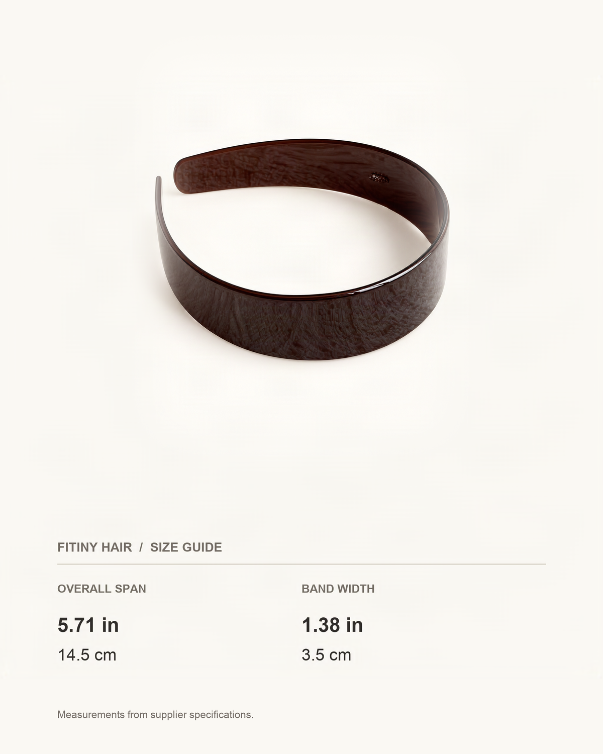 Cellulose Acetate Wide-Band Headband — supplier-based dimensions with inches above centimeters [FITINY Hair]