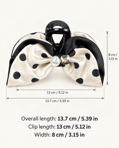 Satin Rhinestone Faux Pearl Polka Dot Bow Claw Clip — dimensions diagram [FITINY Hair dimensions]