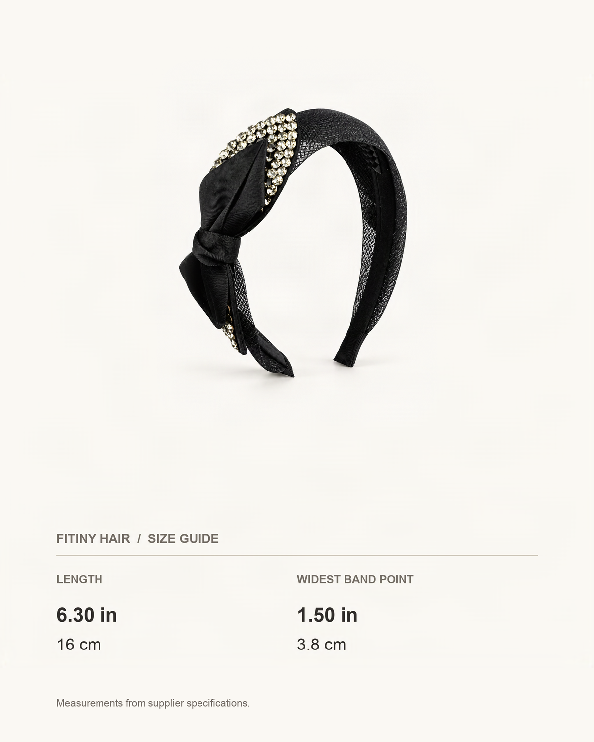 Satin Rhinestone Layered Bow Headband — supplier-based dimensions with inches above centimeters [FITINY Hair]