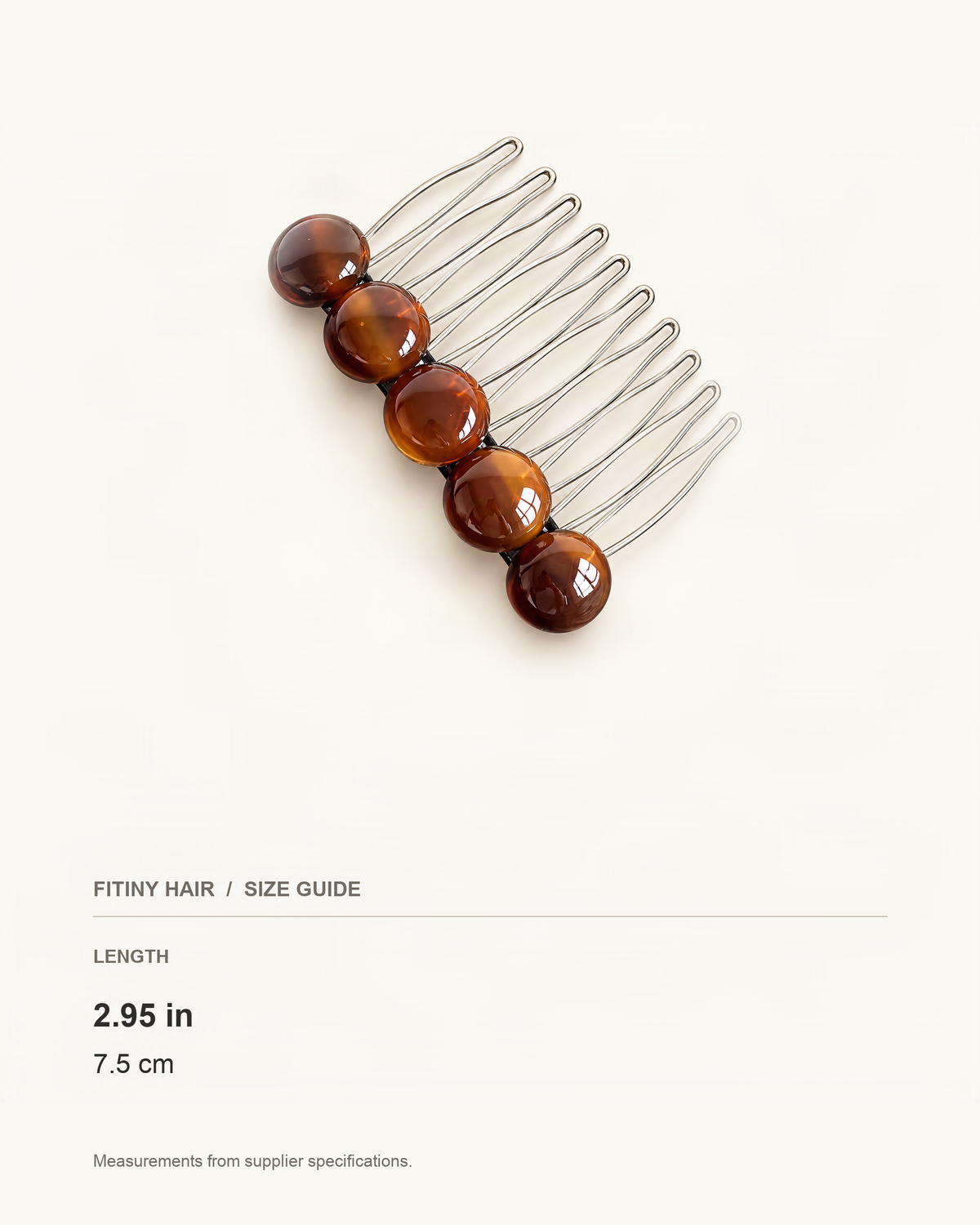 Cellulose Acetate Round Bead Side Comb — supplier-based dimensions with inches above centimeters [FITINY Hair]