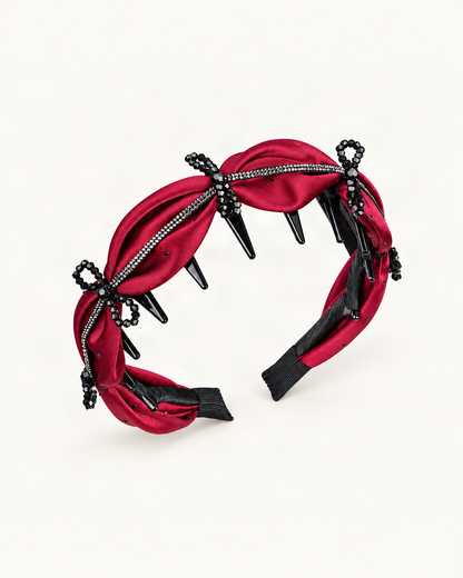 Satin Rhinestone Bow High Crown Toothed Headband — Burgundy / Rhinestone variant on a warm ivory background [FITINY Hair variant 48004038787243]