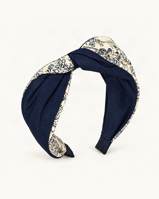 Fabric Knotted Floral Print Headband with Contrast Bow — single hair accessory on a warm ivory background [FITINY Hair main]
