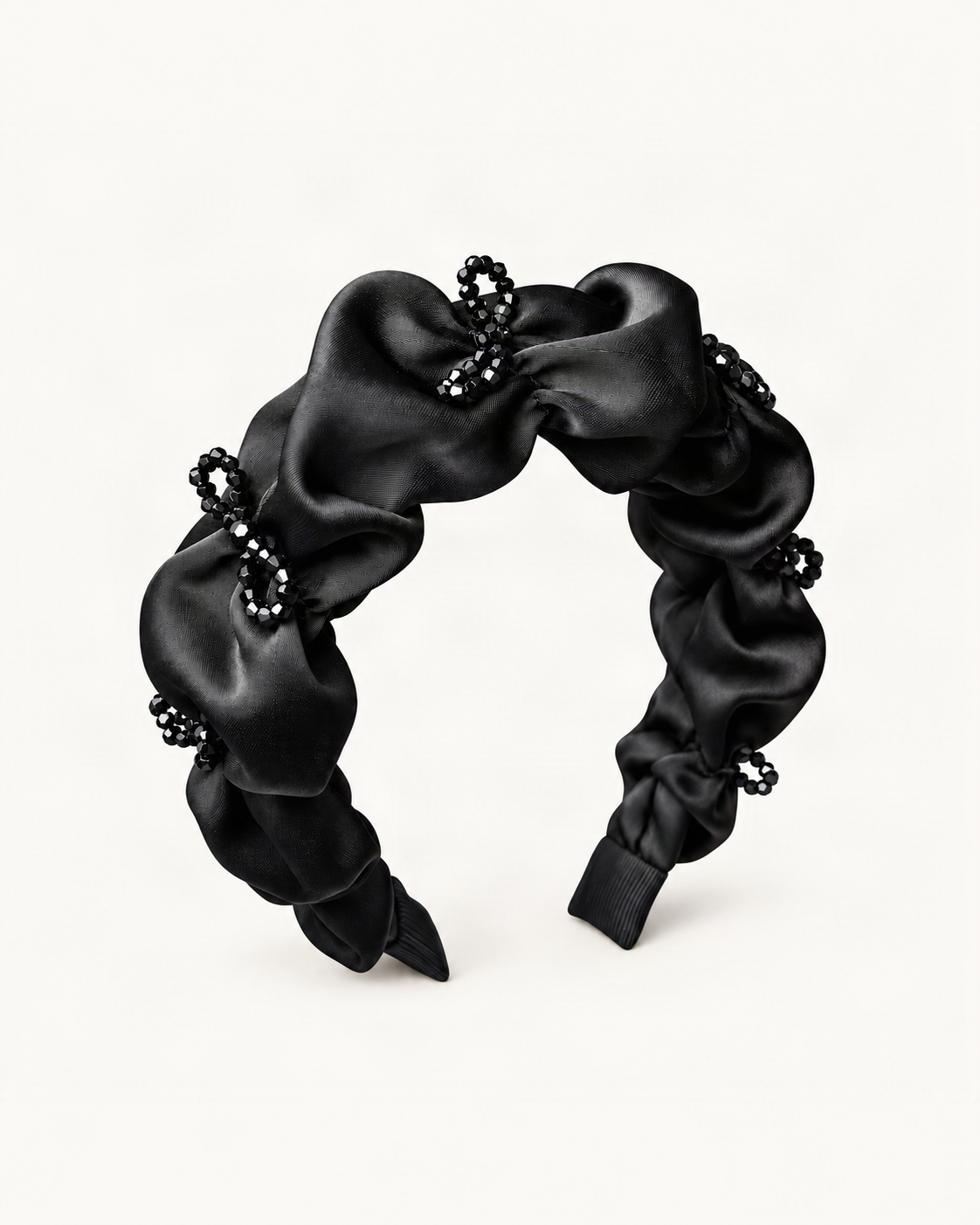 Satin Ruched Headband with Crystal Bow Accent — single hair accessory on a warm ivory background [FITINY Hair main]