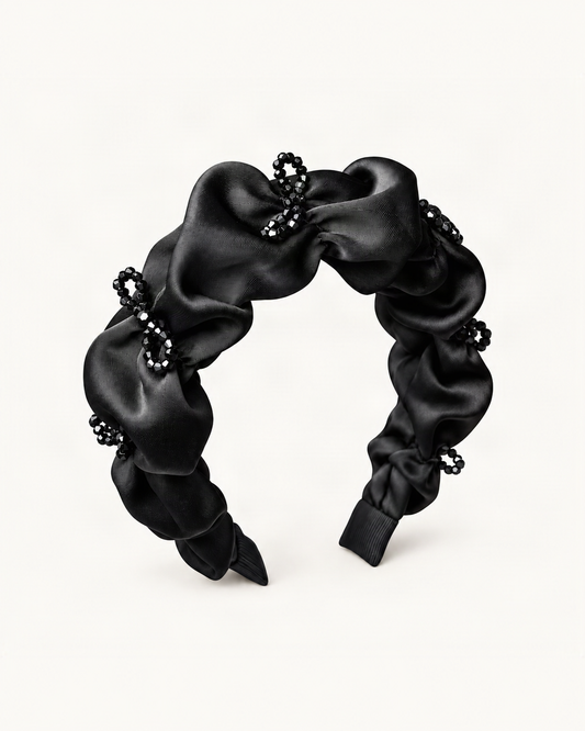 Satin Ruched Headband with Crystal Bow Accent — single hair accessory on a warm ivory background [FITINY Hair main]