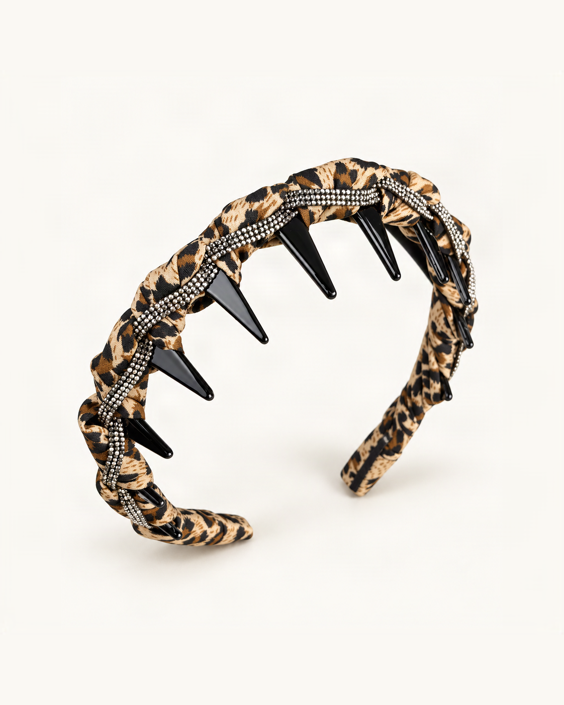 Braided Satin Headband with Pearls and Rhinestones — single accessory on warm ivory background [FITINY Hair]