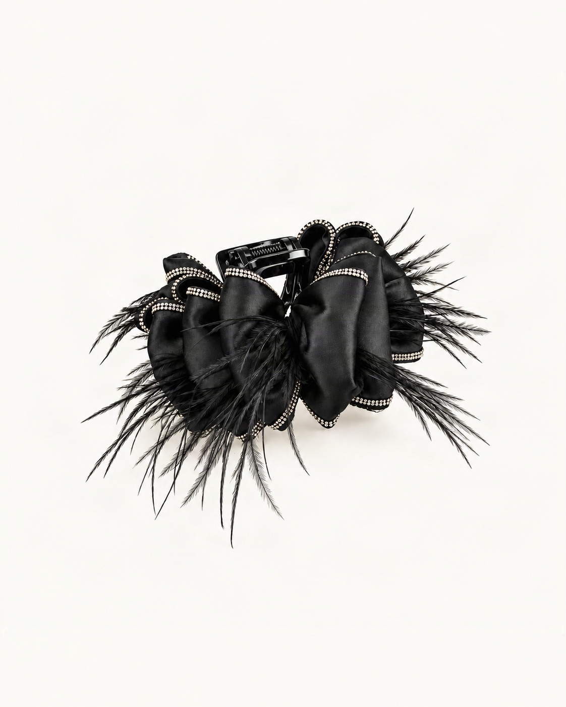 Satin Bow Feather Claw Clip with Rhinestone Trim — single hair accessory on a warm ivory background [FITINY Hair main]