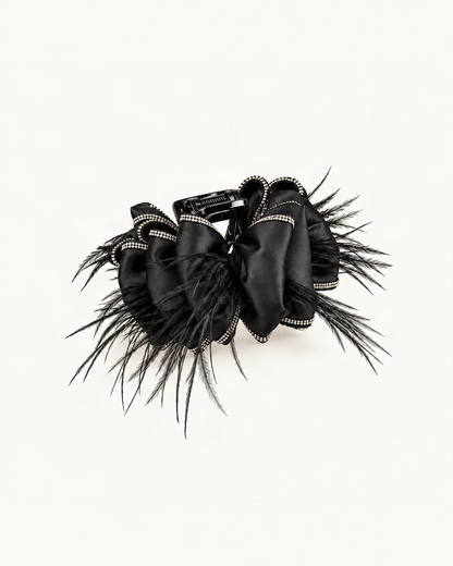 Satin Bow Feather Claw Clip with Rhinestone Trim — single hair accessory on a warm ivory background [FITINY Hair main]