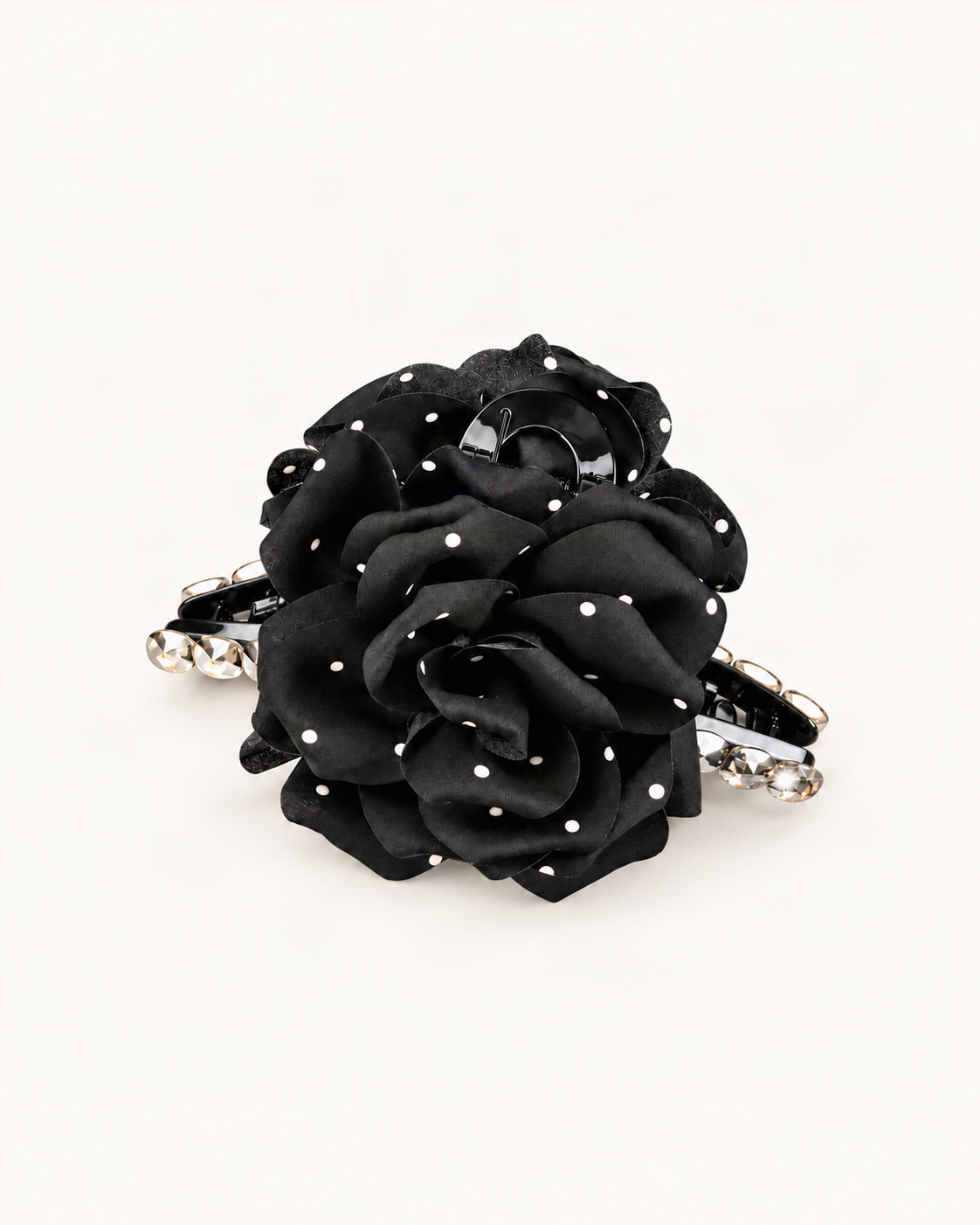3D Rose and Camellia Polka Dot Fabric Claw Clip — Black variant on a warm ivory background [FITINY Hair variant 48004091576491]
