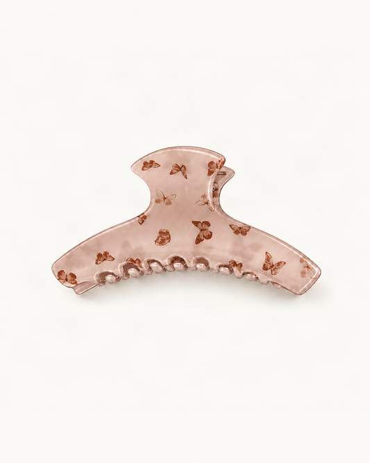 Butterfly Print Acrylic Curved Claw Clip — single hair accessory on a warm ivory background [FITINY Hair main]