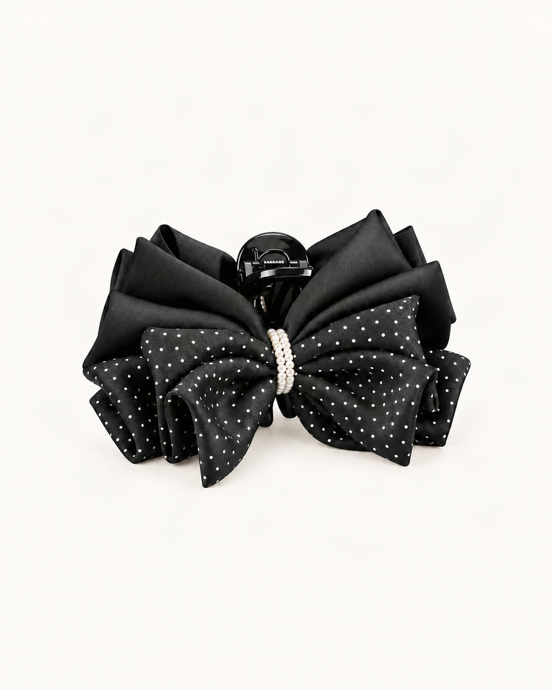Polka Dot Bow Hair Claw Clip with Pearl Accent — single hair accessory on a warm ivory background [FITINY Hair main]