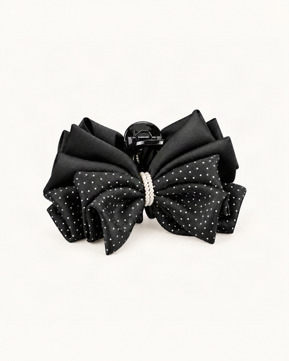 Polka Dot Bow Hair Claw Clip with Pearl Accent — single hair accessory on a warm ivory background [FITINY Hair main]
