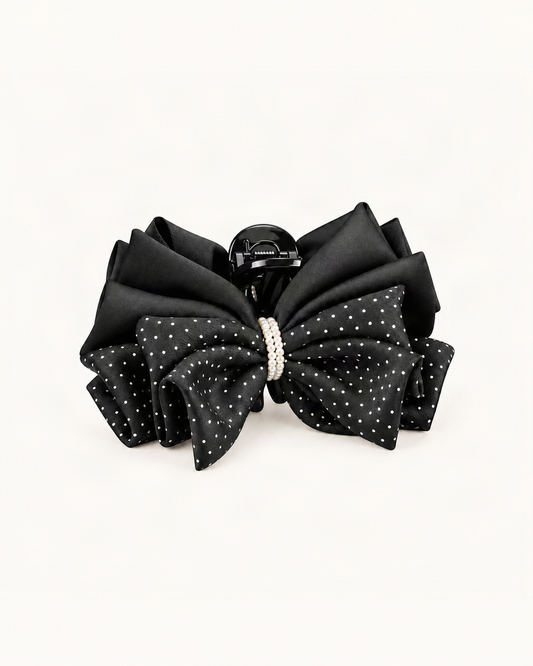 Polka Dot Bow Hair Claw Clip with Pearl Accent — single hair accessory on a warm ivory background [FITINY Hair main]
