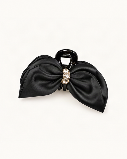 Large Satin Bow Claw Clip with Rhinestone Center — single hair accessory on a warm ivory background [FITINY Hair main]
