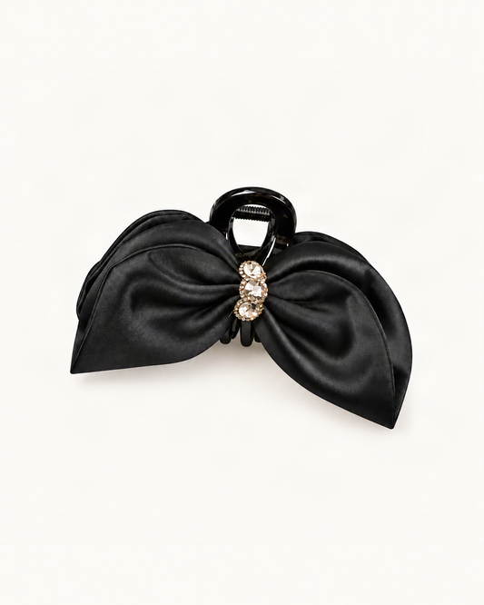 Large Satin Bow Claw Clip with Rhinestone Center — single hair accessory on a warm ivory background [FITINY Hair main]